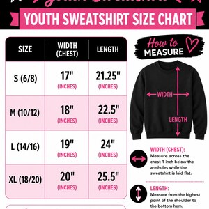 May include: A Gildan youth sweatshirt size chart featuring a black sweatshirt graphic with width and length arrows. The table lists sizes S, M, L, and XL with corresponding measurements in inches. Includes instructions on how to measure the garment.