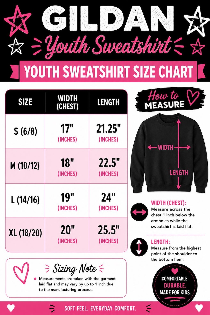 May include: A Gildan youth sweatshirt size chart featuring a black sweatshirt graphic with width and length arrows. The table lists sizes S, M, L, and XL with corresponding measurements in inches. Includes instructions on how to measure the garment.