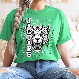 May include: Green t-shirt with a graphic of a jaguar's face and the word "JAGUARS" in white block letters. The jaguar graphic is black and white with a fierce expression. The shirt has a relaxed fit and short sleeves.