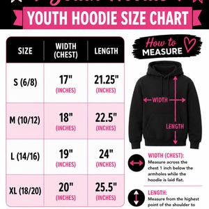 May include: A Gildan Youth Hoodie size chart featuring a black hoodie illustration with width and length measurement arrows. The table lists sizes S, M, L, and XL with corresponding chest width and length measurements in inches for each size.