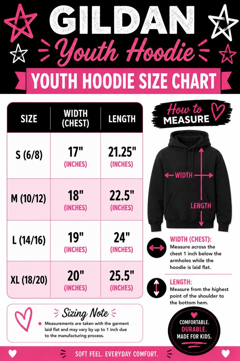 May include: A Gildan Youth Hoodie size chart featuring a black hoodie illustration with width and length measurement arrows. The table lists sizes S, M, L, and XL with corresponding chest width and length measurements in inches for each size.