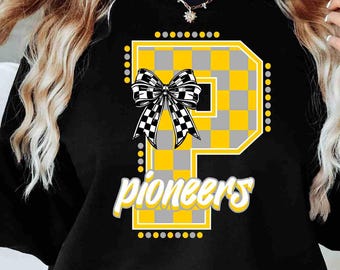 Pioneers Shirt Checkered Pioneers Shirt School Spirit Shirt Mascot Shirt Coquette Bow Shirt Sports Shirt Game Day Hoodie Pioneer Pride