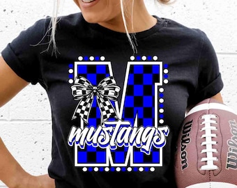 Mustangs Shirt Checkered Bow Shirt Custom School Mascot Shirt School Spirit Shirt Coquette Bow Shirt Mustang Pride Shirt Game Day Shirt