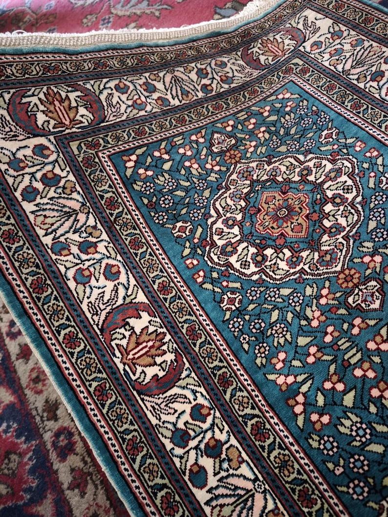 Turquoise Runner, handmade Kayseri silk rug, 137 × 65 cm