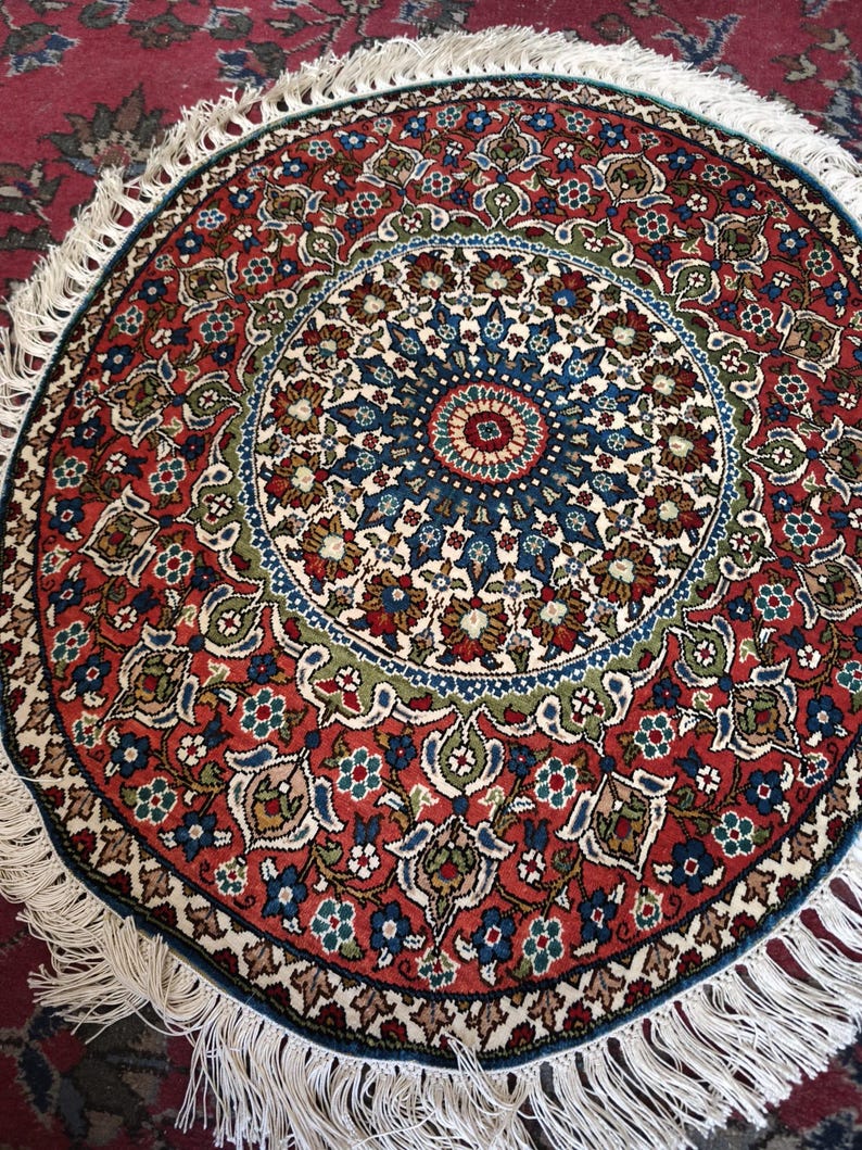 Crimson Roundel, handmade Kayseri silk rug, 76 × 71 cm