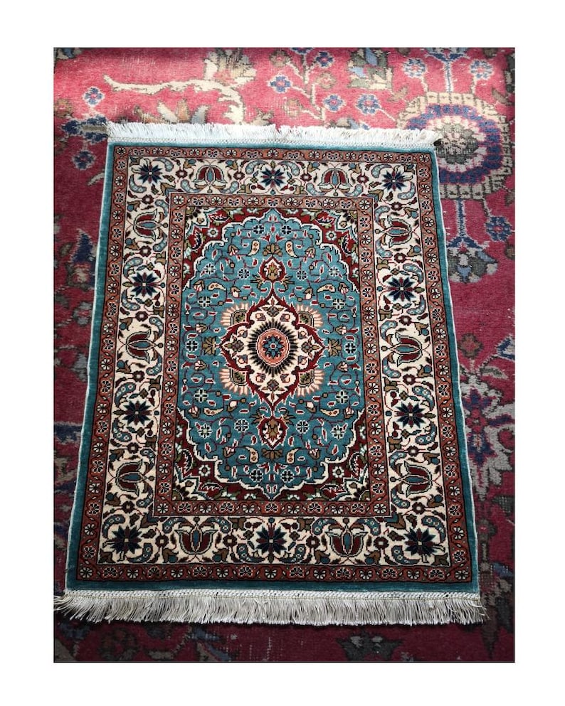 Celadon Garden, handmade Kayseri silk rug, 66 × 53 cm