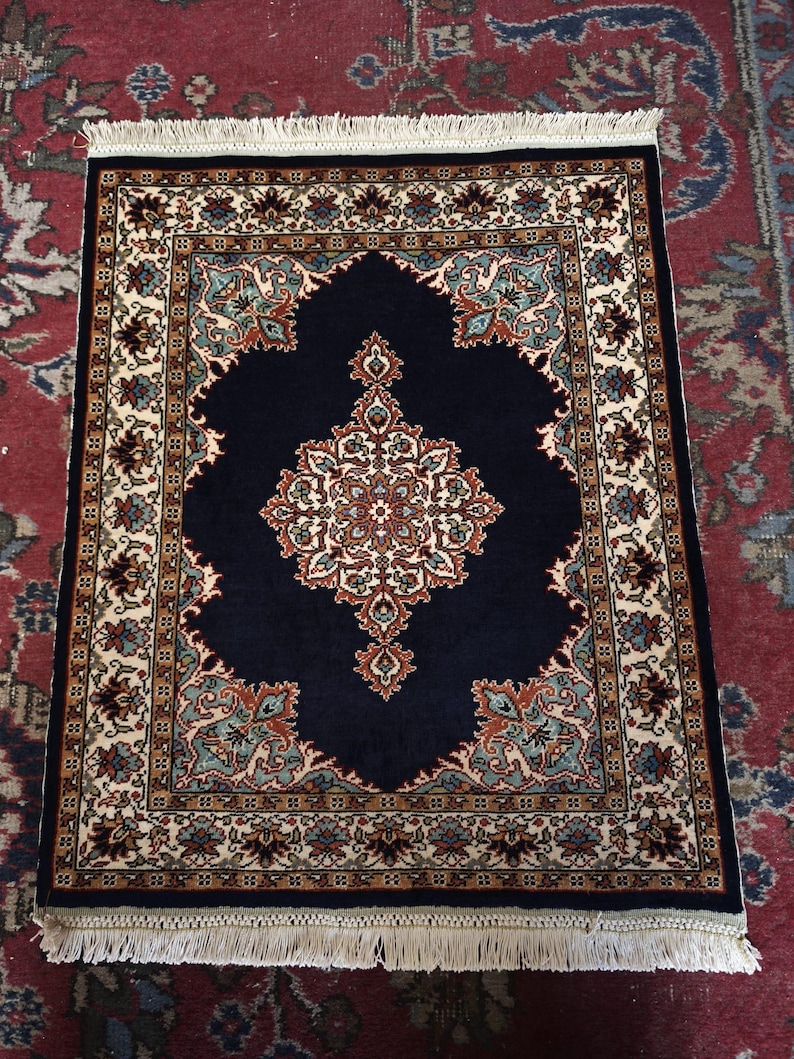 Indigo Medallion, handmade Kayseri silk rug, 63 × 51 cm
