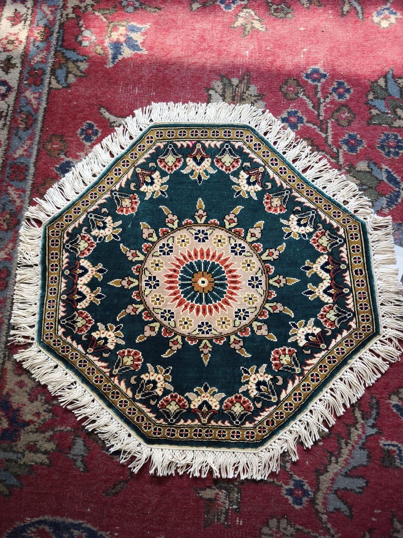 Small Octagon, handmade Hereke silk rug, 44 × 42 cm