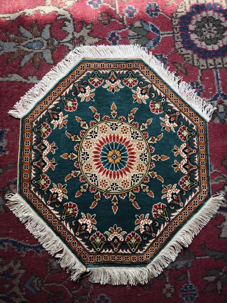 Royal Octagon, handmade Hereke silk rug, 47 × 46 cm