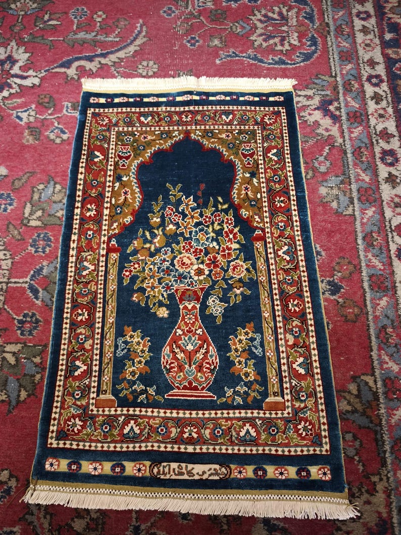 Vase of Flowers, handmade Hereke silk rug, 70 × 42 cm