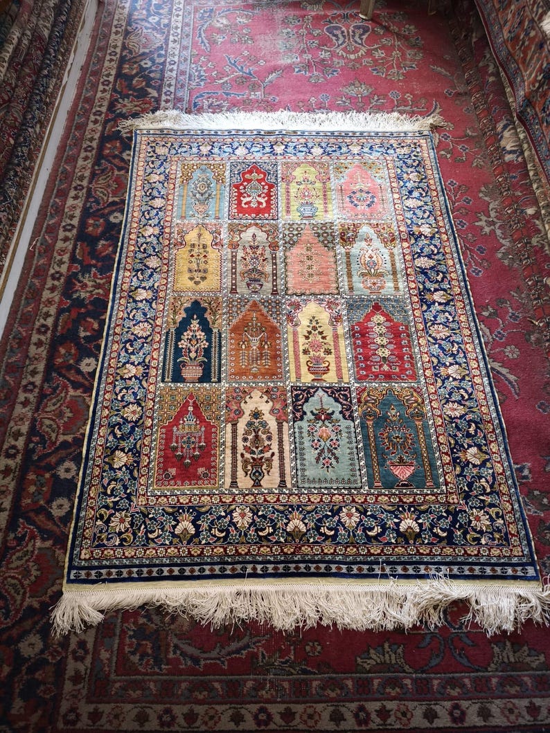 The Arcade of Vases, handmade Hereke silk rug, 150 × 105 cm