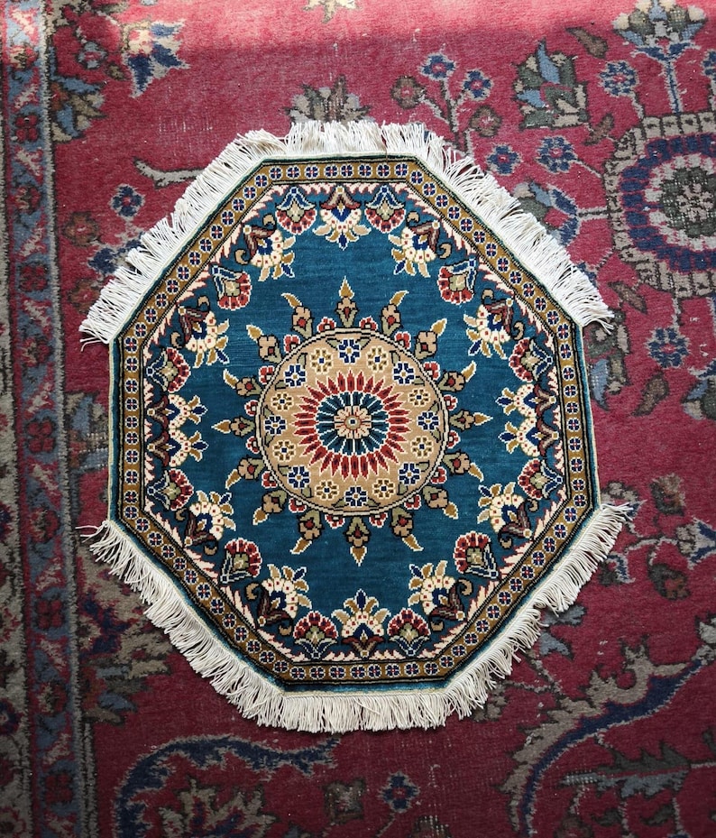 Teal Roundel, handmade Kayseri silk rug, 50 × 48 cm