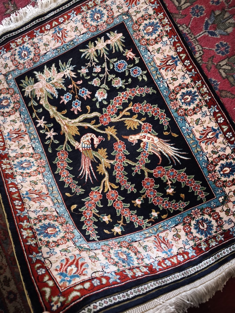 Tree of Life, Night, handmade Kayseri silk rug, 92 × 67 cm