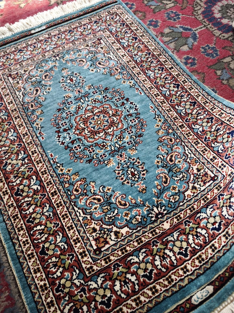 Aegean Medallion, handmade Kayseri silk rug, 66 × 46 cm