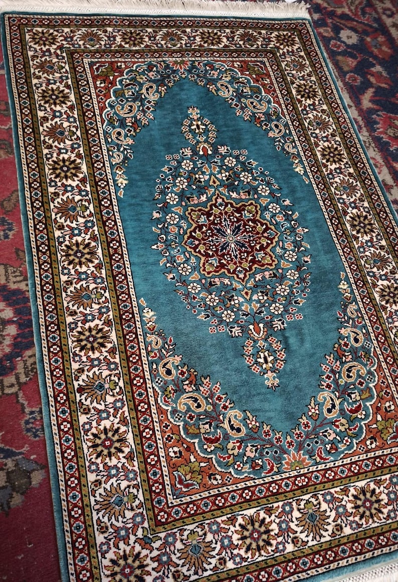 Turquoise Medallion, handmade Kayseri silk rug, 102 × 66 cm