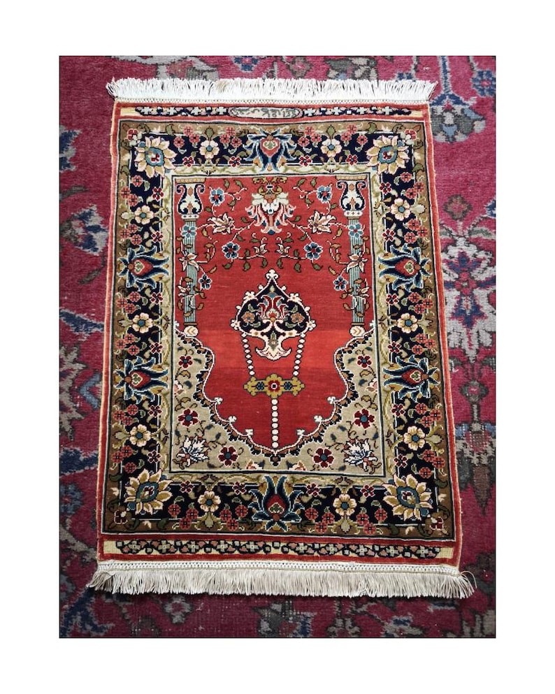Small Crimson Bloom, handmade Kayseri silk rug, 62 × 46 cm