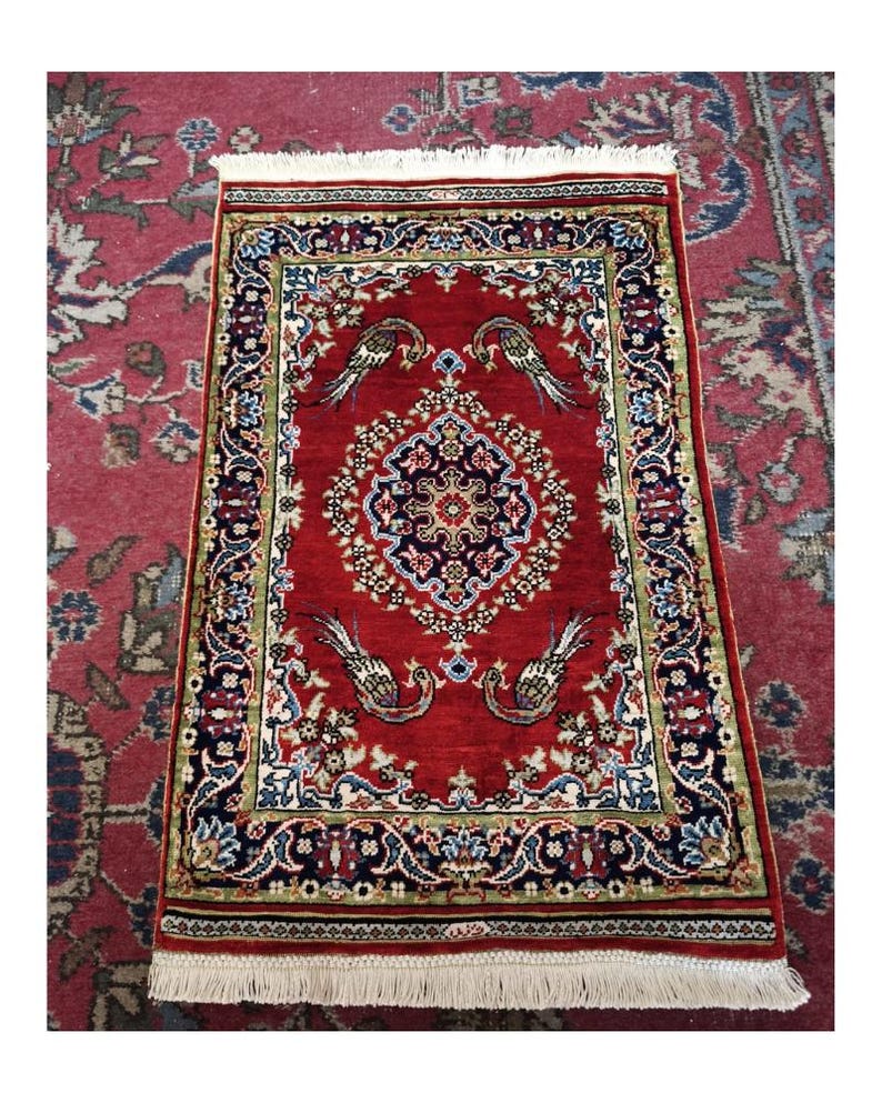 Songbird Medallion, handmade Kayseri silk rug, 66 × 43 cm