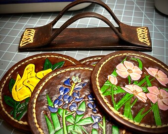 Texas Flowers Leather Coaster Set-Hand tooled, hand painted