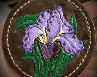 Floral Leather Coaster - Hand Tooled and Painted - Optional Holder