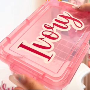 May include: A rectangular, translucent pink plastic storage box with a hinged lid. The top of the lid features the name Ivory written in a large, bold, white script font with a dark pink outline, positioned diagonally across the surface.