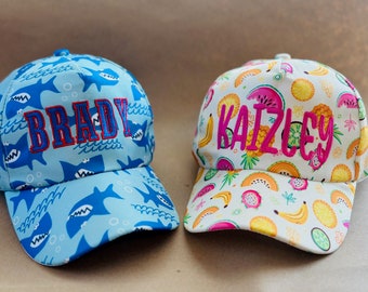 Personalized Kids Baseball Hats: Shark or Tropical Fruit Designs