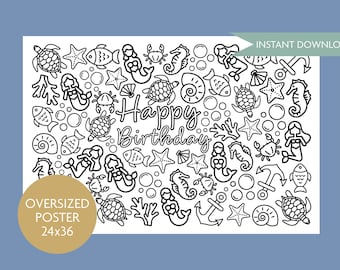 Festa de aniversário com tema de sereia, página gigante para colorir, pôster para colorir de sereia, festa de aniversário, atividade de aniversário, desenho para colorir para crianças, download digital
