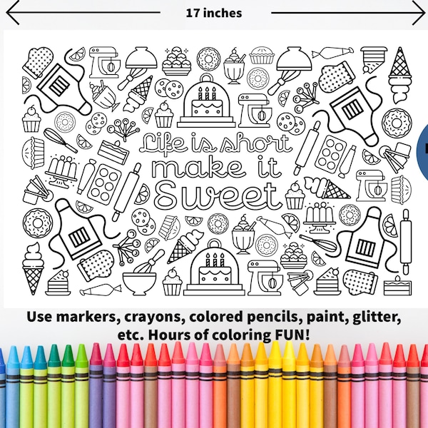 Baking coloring placemat, baking themed coloring page, sugar rush, make life sweet, cake decorating, party activity, digital download, pdf