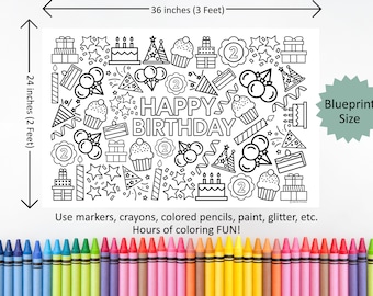 May include: A black and white coloring poster featuring the text HAPPY BIRTHDAY surrounded by cakes, balloons, gifts, and the number 2. The poster measures 36 inches by 24 inches. A row of colorful crayons is positioned below the poster.