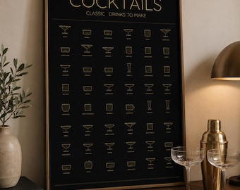 Cocktailposter: drankjes om te maken. Klassieke cocktailkunst aan de muur | Thuisbardecoratie | Cadeau barman