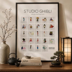 May include: A framed poster titled STUDIO GHIBLI OFFICIAL FEATURE FILMS featuring a grid of twenty-five small character illustrations from various movies, with the text STUDIO GHIBLI in Japanese characters at the bottom right corner.