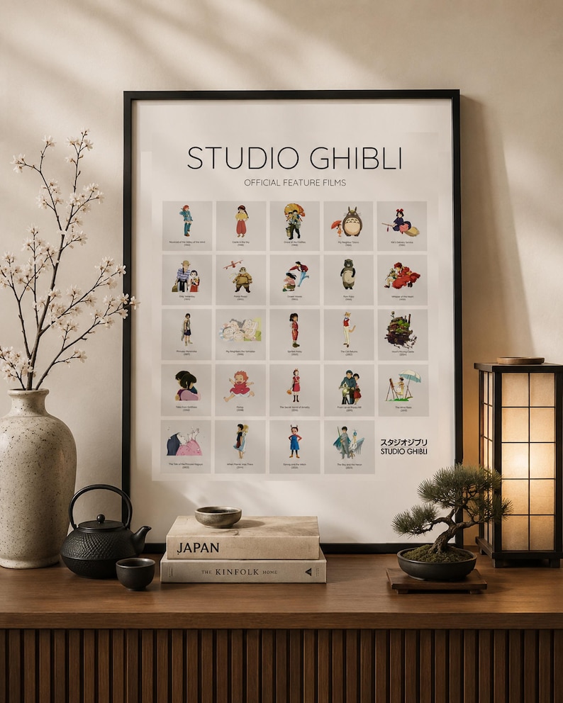 May include: A framed poster titled STUDIO GHIBLI OFFICIAL FEATURE FILMS featuring a grid of twenty-five small character illustrations from various movies, with the text STUDIO GHIBLI in Japanese characters at the bottom right corner.