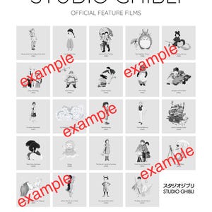 May include: A white poster titled STUDIO GHIBLI OFFICIAL FEATURE FILMS featuring a grid of twenty-five black and white illustrations representing various animated movies, each with its title and release year printed in small text below the image.