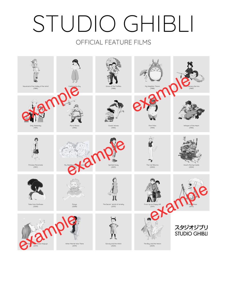 May include: A white poster titled STUDIO GHIBLI OFFICIAL FEATURE FILMS featuring a grid of twenty-five black and white illustrations representing various animated movies, each with its title and release year printed in small text below the image.