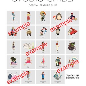 May include: A white poster titled STUDIO GHIBLI OFFICIAL FEATURE FILMS featuring a grid of twenty-five square panels. Each panel displays a character illustration from a specific film with the movie title and release year printed in black text below.