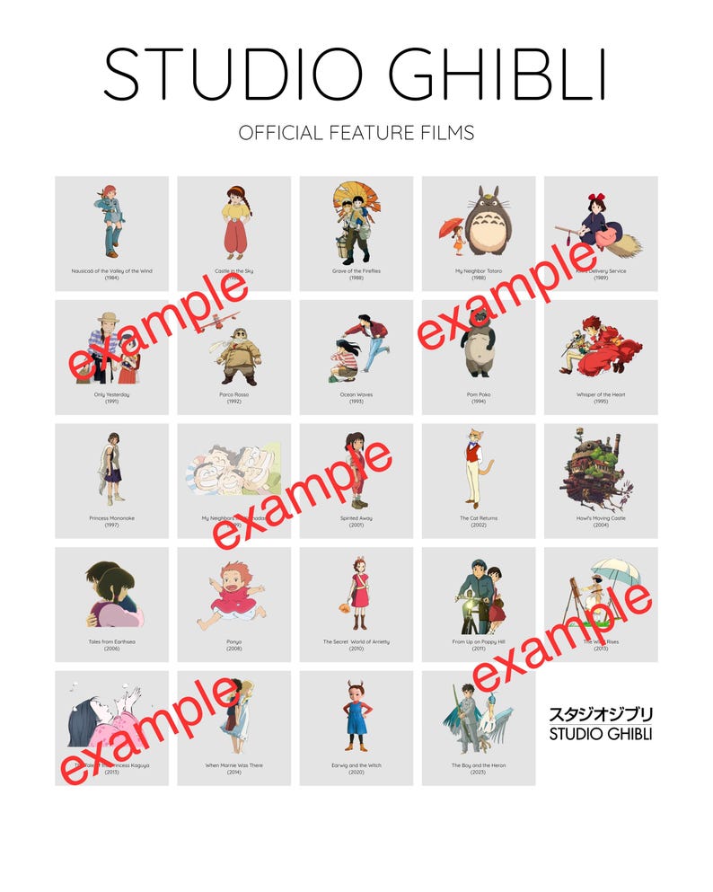 May include: A white poster titled STUDIO GHIBLI OFFICIAL FEATURE FILMS featuring a grid of twenty-five square panels. Each panel displays a character illustration from a specific film with the movie title and release year printed in black text below.
