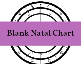 May include: A black and white blank natal chart with the zodiac signs and numbers 1-12 around the outer edge. The text "Blank Natal Chart" is written in black on a purple background.
