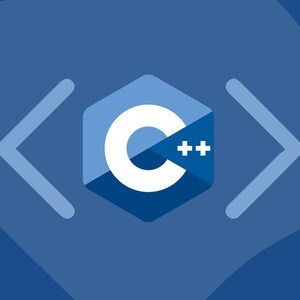 May include: A blue and white C++ logo with the letter C in a white circle and the plus plus symbol in a blue triangle. The logo is surrounded by two white angle brackets.