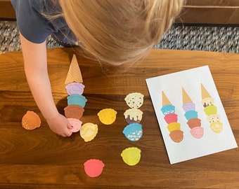 Printbare activiteit met ijsschepjes als patroon - Montessori-materiaal, kleuterschool, thuisonderwijs, activiteit voor onderweg