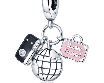 I love Travel Suitcase Camera & Globe Dangle Charm S925 Fully Stamped Fits All Bracelets Necklaces Pendant + FREE Gift Pouch NEW USA Seller