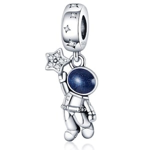 Astronaut in the Galaxy Holding Star Dangle Charm Silver S925 Fully Stamped Fits All Bracelets Necklace Pendant + FREE Gift Pouch USA Seller