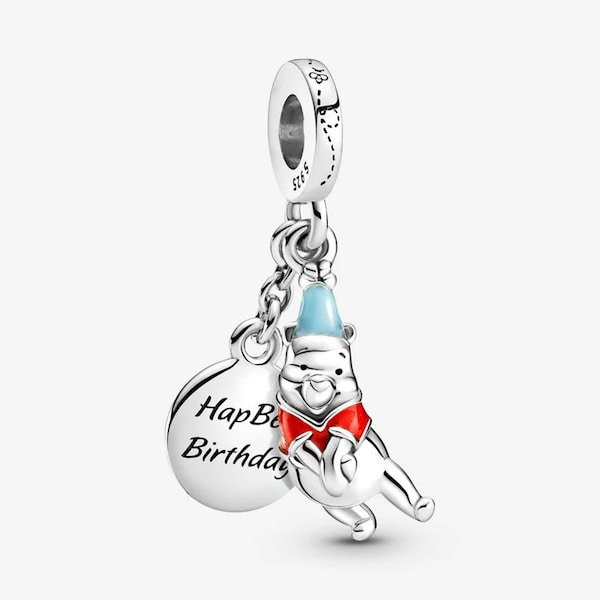 Disney Winnie The Pooh Happy Birthday Dangle Charm Silver S925 Fully Stamped Fits All Bracelets Necklace Enamel + FREE Gift Pouch USA Seller