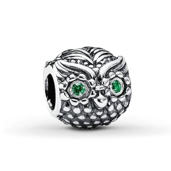 Wise Owl Dark Green Eyes Charm Silver Beads 100% S925 Fits All Bracelets Necklaces Pendant Fully Sta