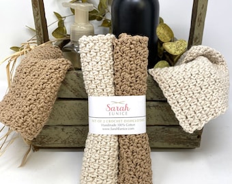 Taupe & Off White Crochet Dish Cloths Handmade | 100% Cotton | Farmhouse Kitchen Simple Neutral Thanksgiving Hostess Gift | E75006