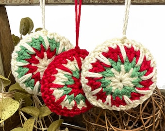 Set of 3 Red/Cream/Green Vintage Style Crochet Christmas Ornament Decor or Bowl Filler