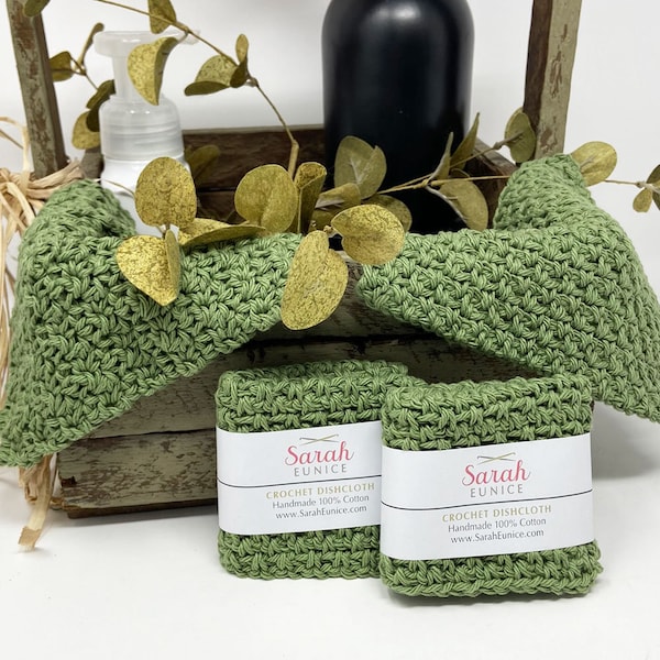 Rosemary Green Crochet Dish Cloths | Handmade 100% Cotton | Farmhouse Kitchen Simple Hostess Gift - E75004