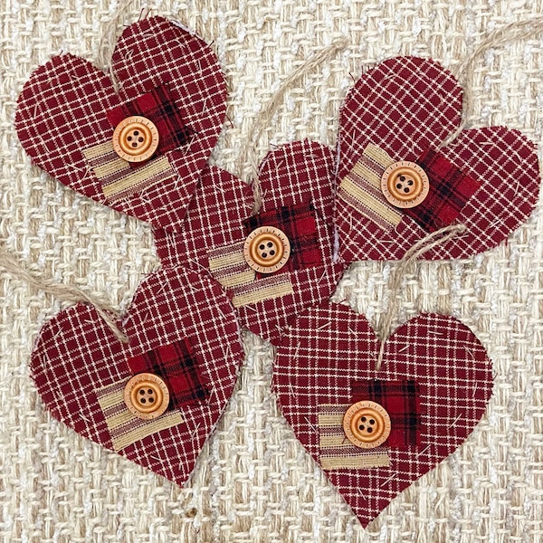 Set of 5 Primitive Red Americana Heart Simple Hand Quilted Ornaments | Rustic Plaid for Christmas or Valentine's Day