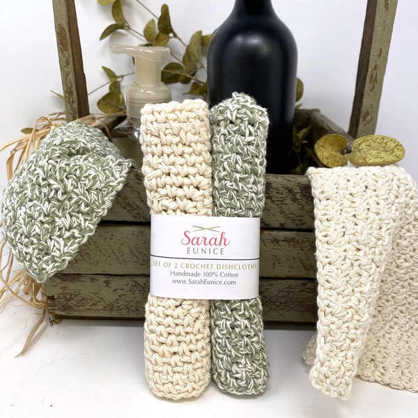 Green Tweed & White Crochet Dish Cloth Handmade | 100% Cotton | Farmhouse Kitchen Simple Hostess Gift | E75005