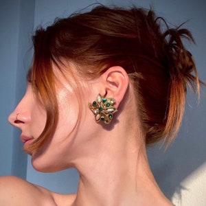 Boucles D'oreilles Clips Vintage Kalinger Paris Années 80 - Strass Bleu, Résine, Plaqué Or, Parfait état