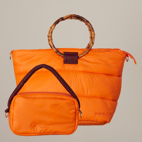 2 en 1 bolso acolchado naranja/handbag/bolso de mujer/tote bag/shopping bag/ bolso de tote/ asas de bambú/bolso multiuso/puffy bag