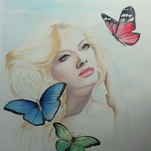 Ritratto di Virna Lisi con Farfalle – Dipinto Originale ad Acquerello – Arte Cinematografica Vintage su Carta di Cotone